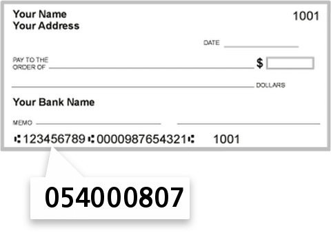 054000807 routing number on Wells Fargo Bank check