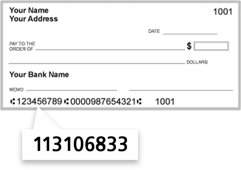 113106833 routing number on First National Bank check